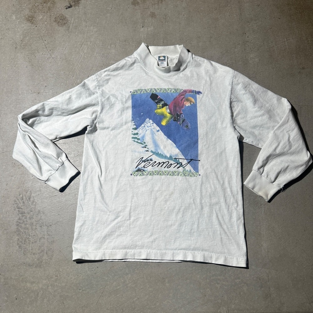Vintage‎ Vermont Snowboard Shirt Mens Large White USA Made Anvil 90s Graphic Y2K